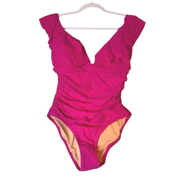 NWT J.Crew Bright Pink Ruffle V-Neck One Piece Swimsuit Size 8 - Picture 2 of 4